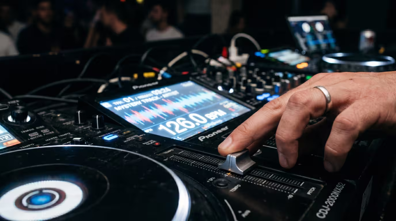 A DJ adjusting the tempo fader on a CDJ player