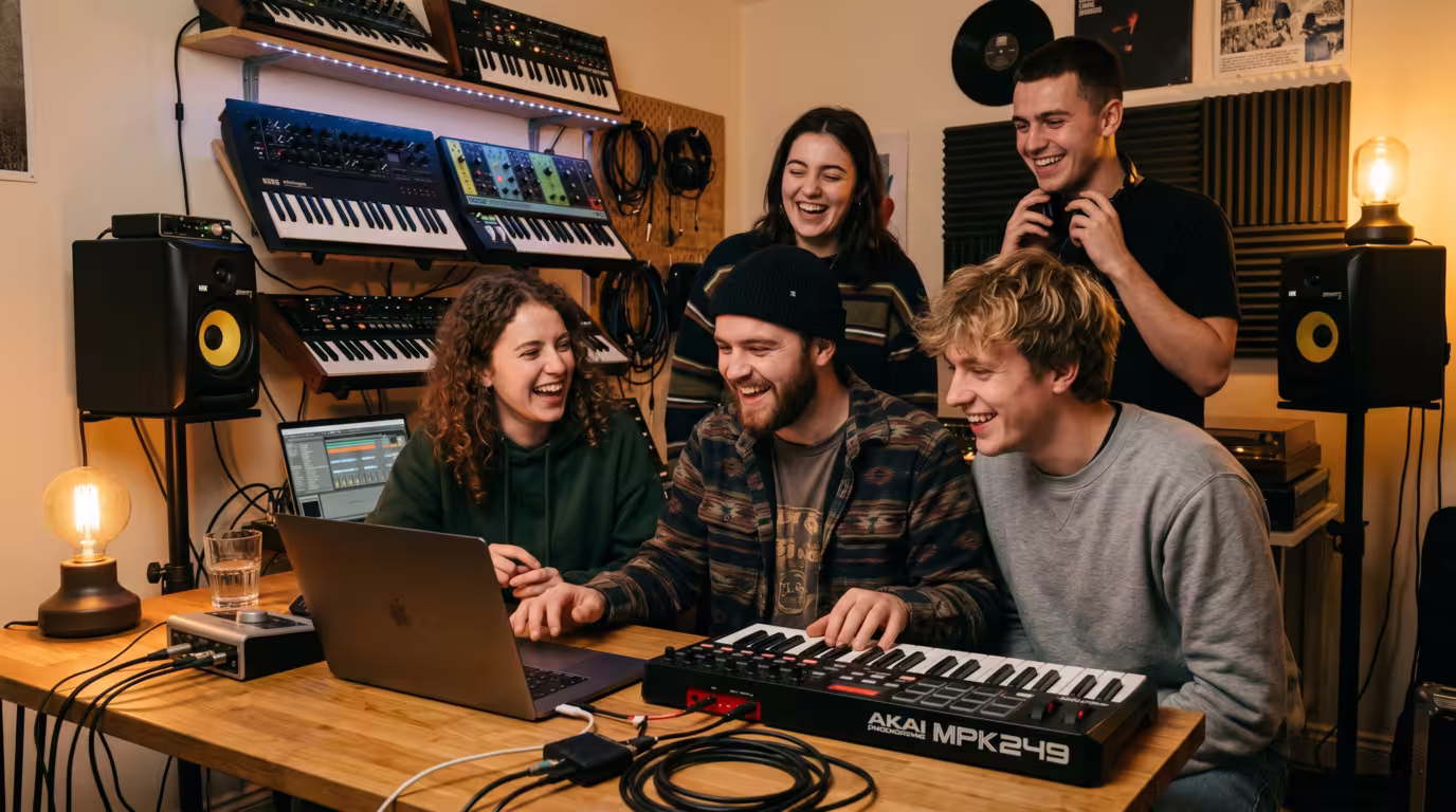 A small group of producer friends relaxing together in a home studio