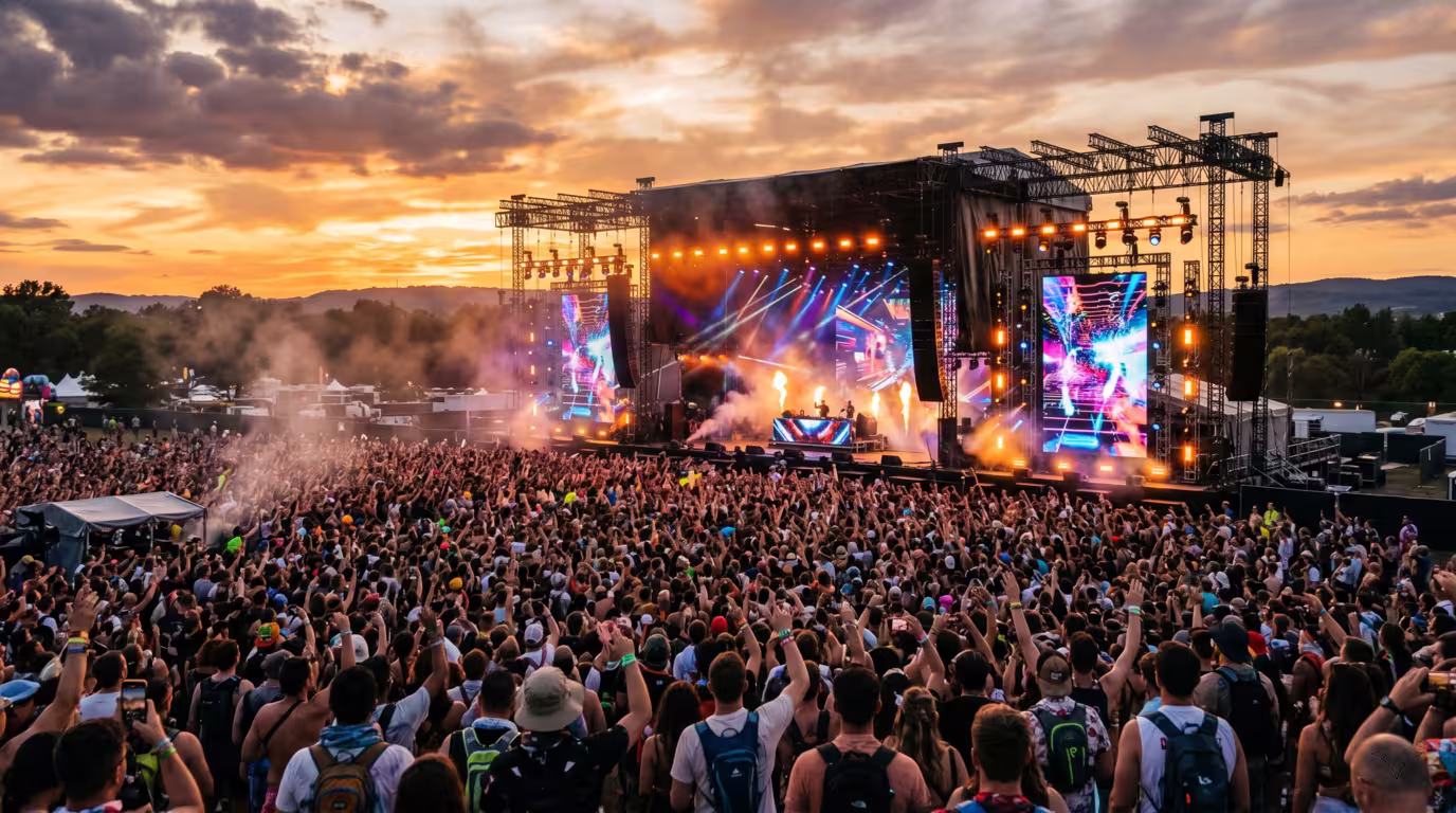 Outdoor festival main stage with a huge crowd at golden hour