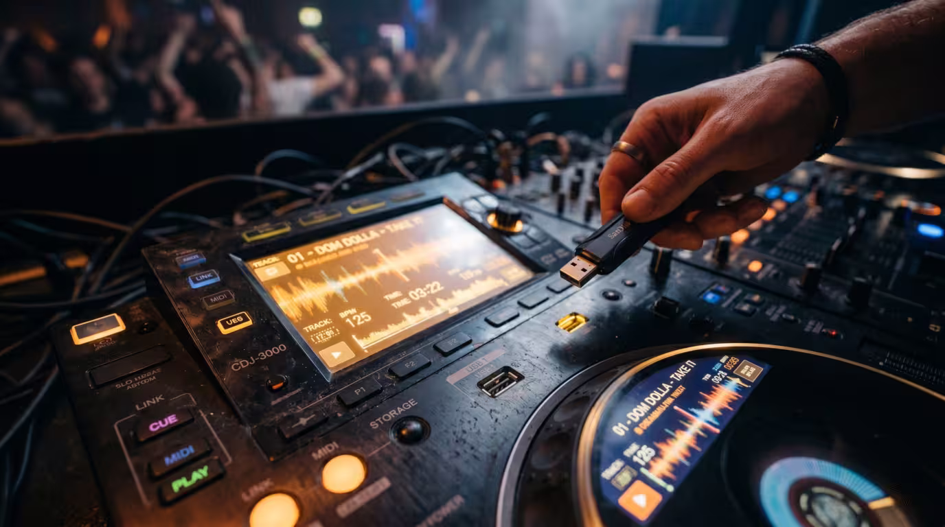 A USB stick being inserted into the USB port on top of a Pioneer CDJ-3000