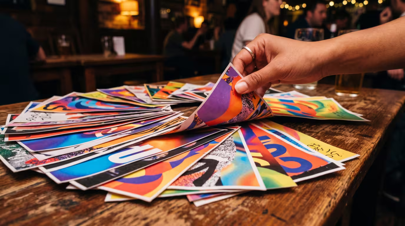 A stack of printed club night flyers and posters on a table