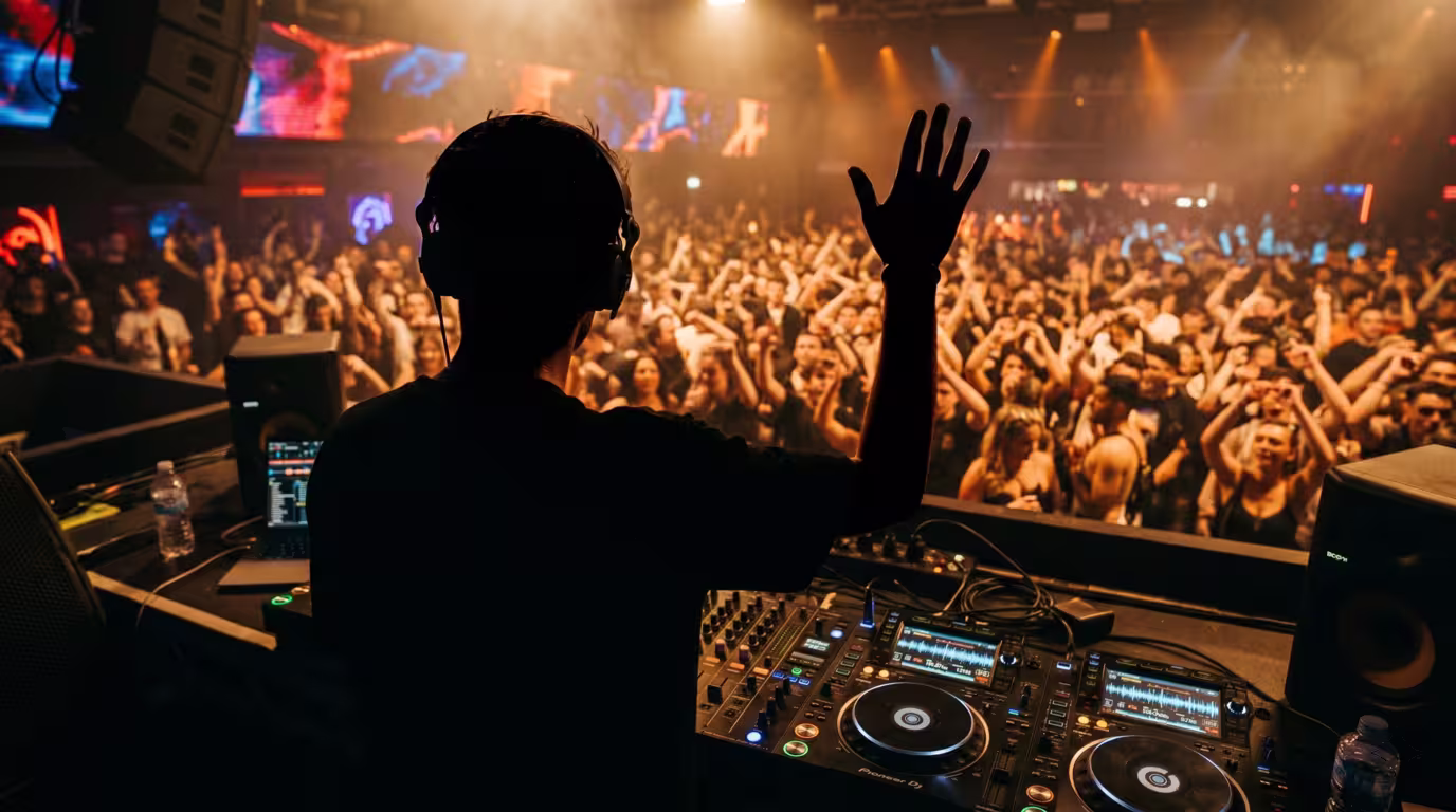 A DJ looking up from the booth out toward the dancefloor