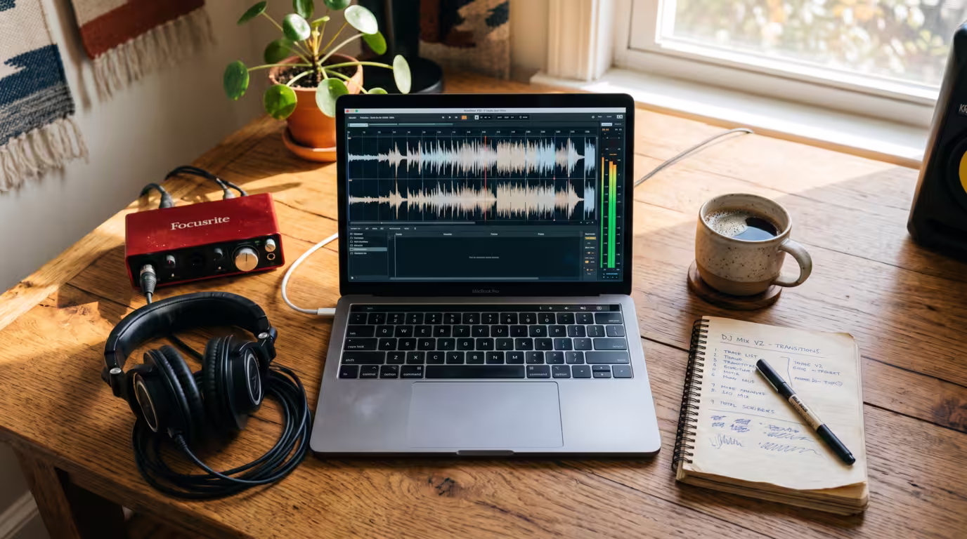 Laptop showing a recorded mix waveform in an audio editor