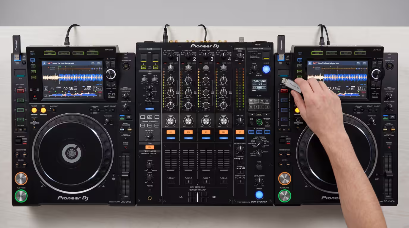 Top-down view of two CDJs and a mixer with USB sticks, one being swapped into the second deck