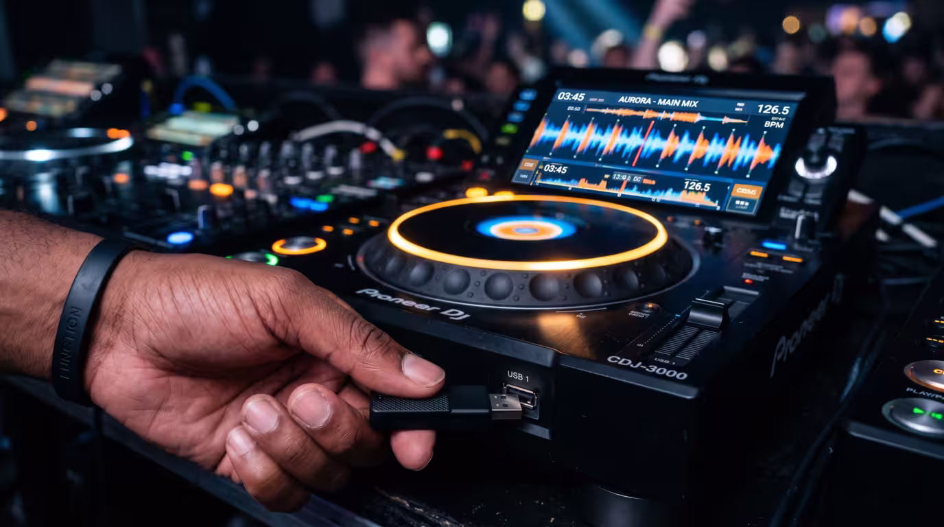 A hand inserting a USB stick into a club CDJ media player