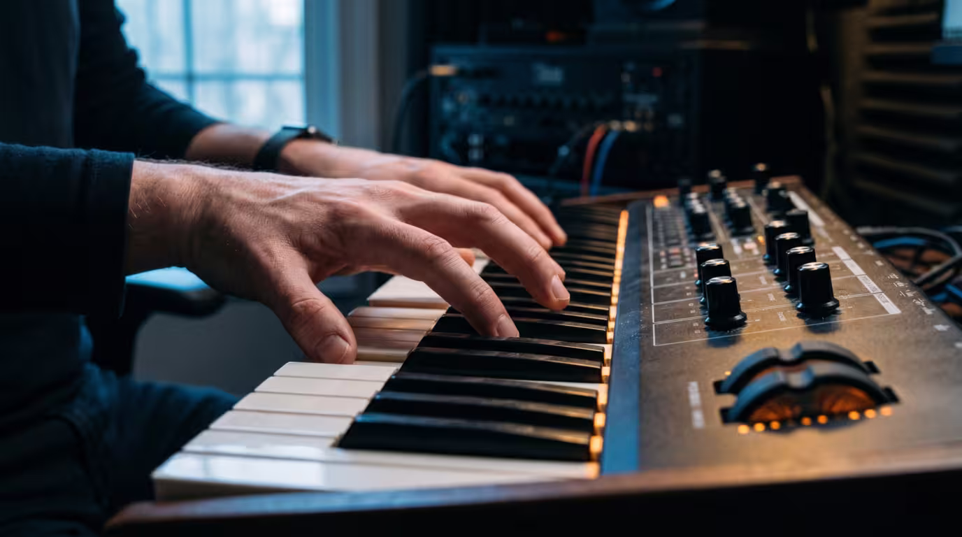 A producer's hands playing a synthesizer keyboard in a studio