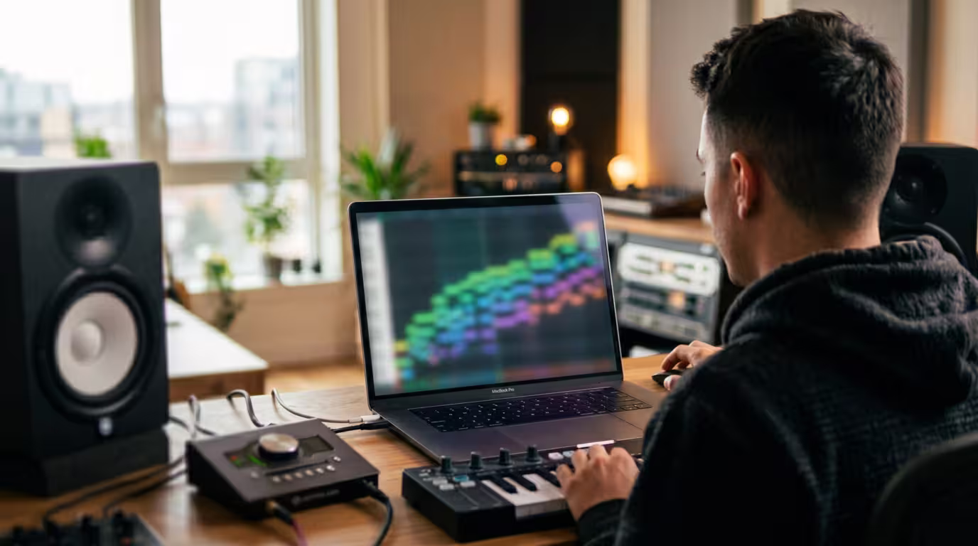 A DAW piano roll on a laptop screen in a studio