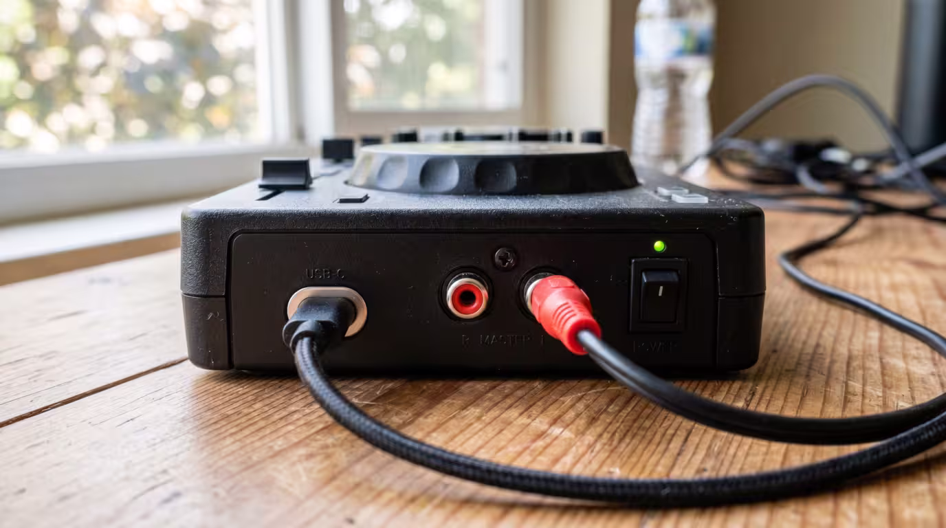 Rear panel of a DJ controller showing USB and RCA master output connectors