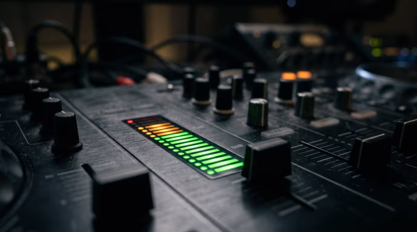 DJ controller level meter peaking in the amber zone below the red