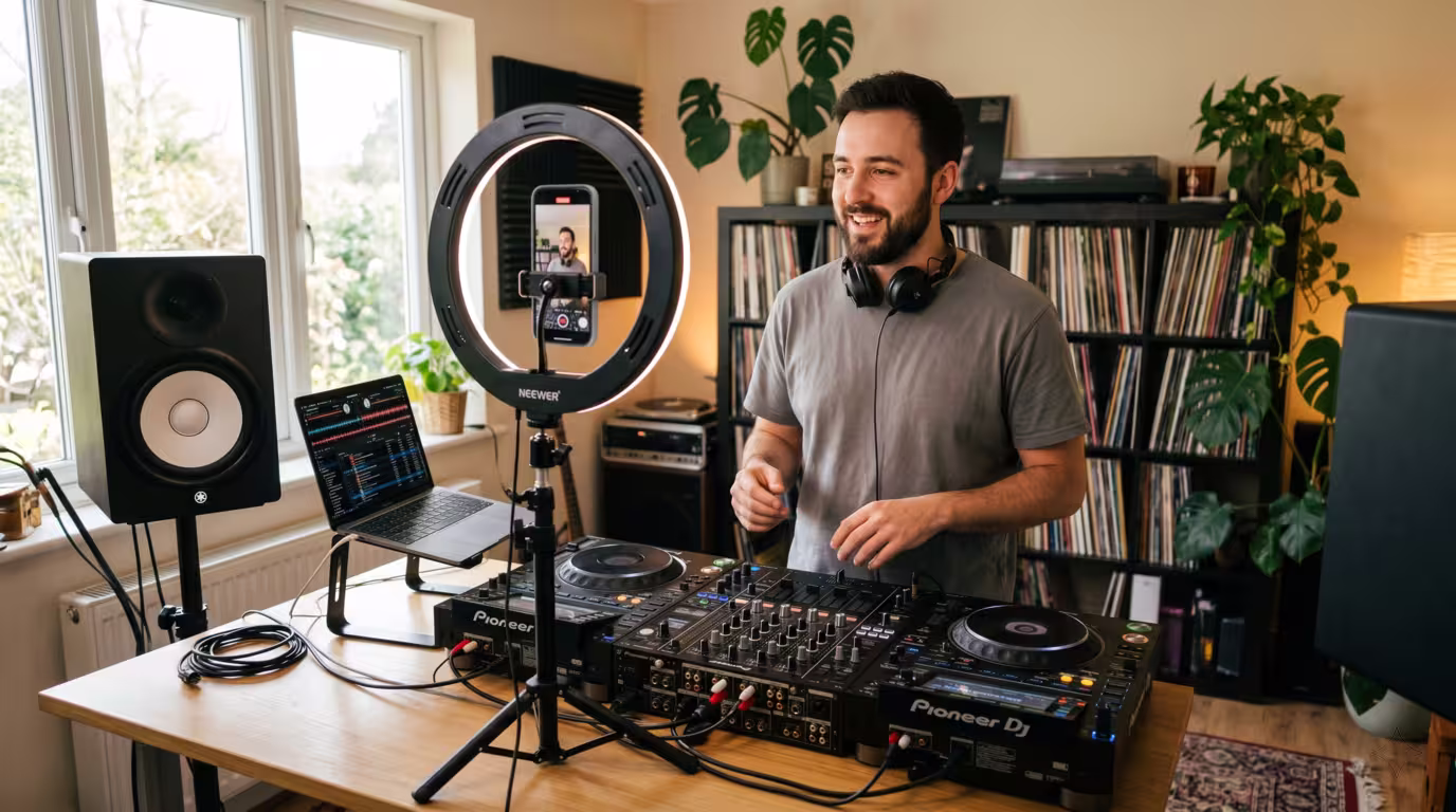 A DJ filming a vertical phone video of themselves at their decks in a studio