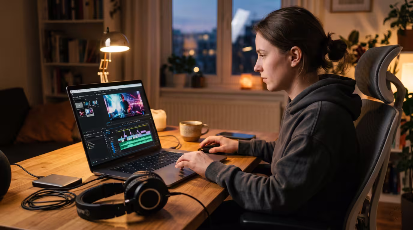 Someone editing DJ video clips on a laptop with a video editing timeline on screen
