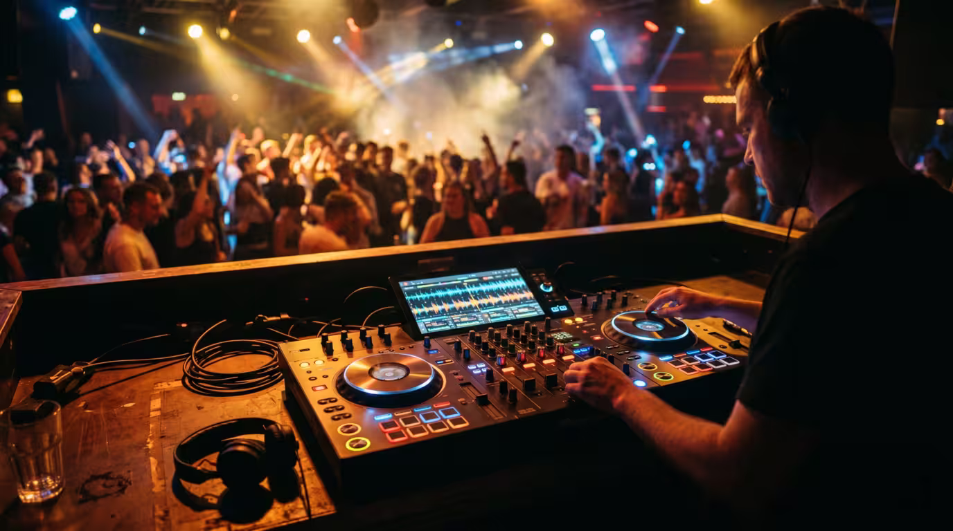A standalone all-in-one DJ console in a club booth with no laptop connected