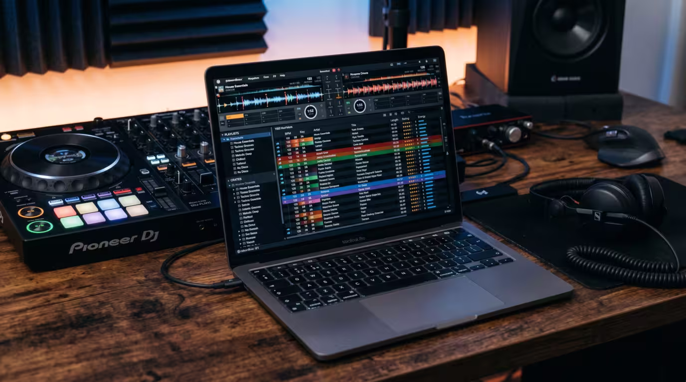 DJ software showing organised crates tagged by energy and key