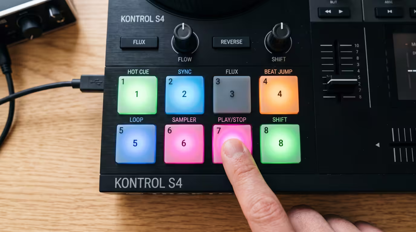 Glowing colored performance pads on a DJ controller in hot cue mode