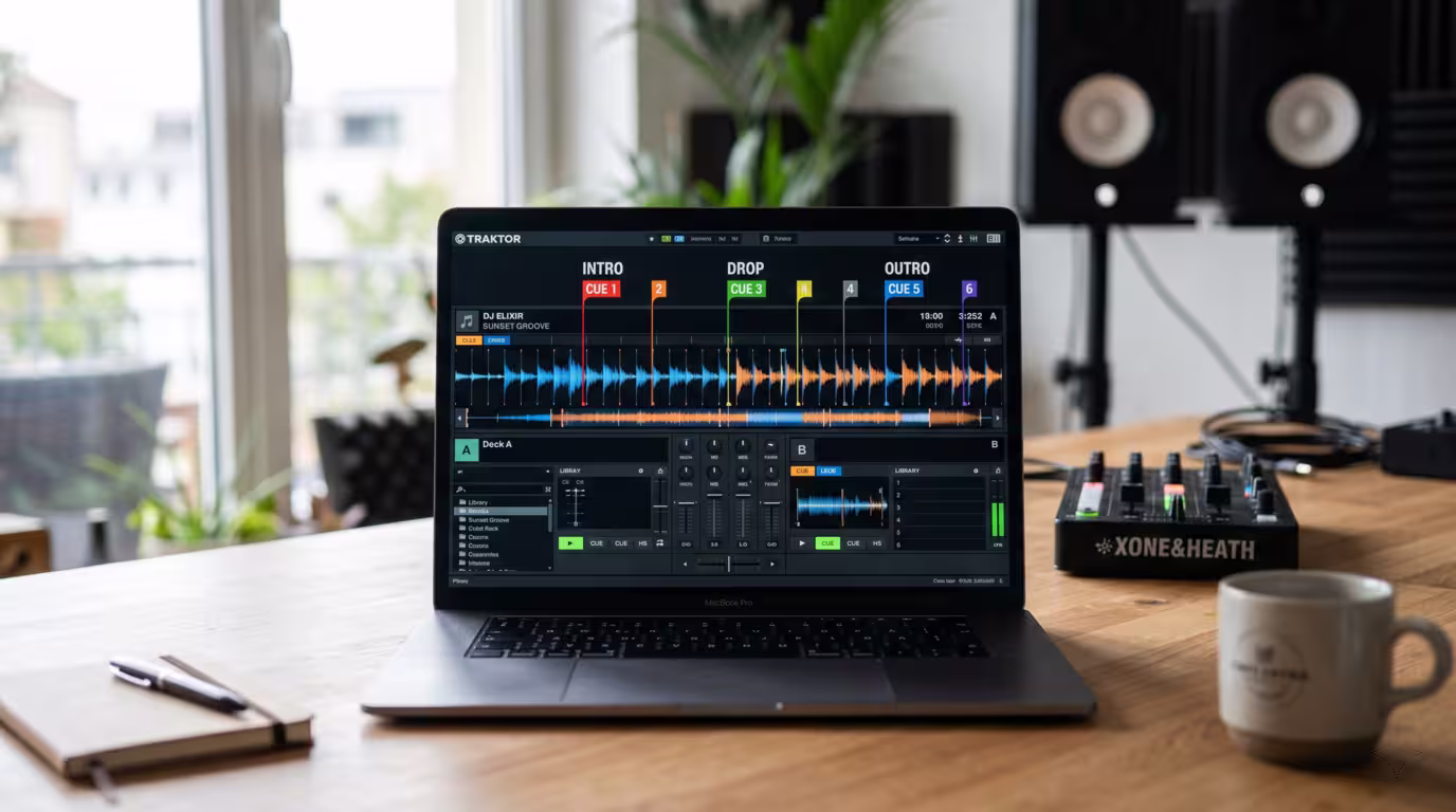 DJ software waveform with colored hot cue markers labelling track sections