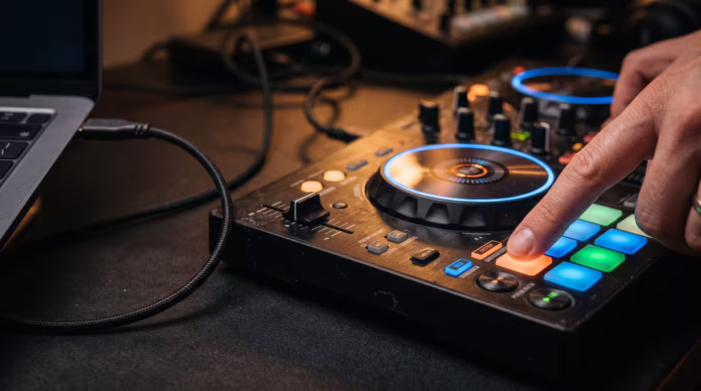 An entry-level two-channel DJ controller lit up, connected by a USB cable to a laptop