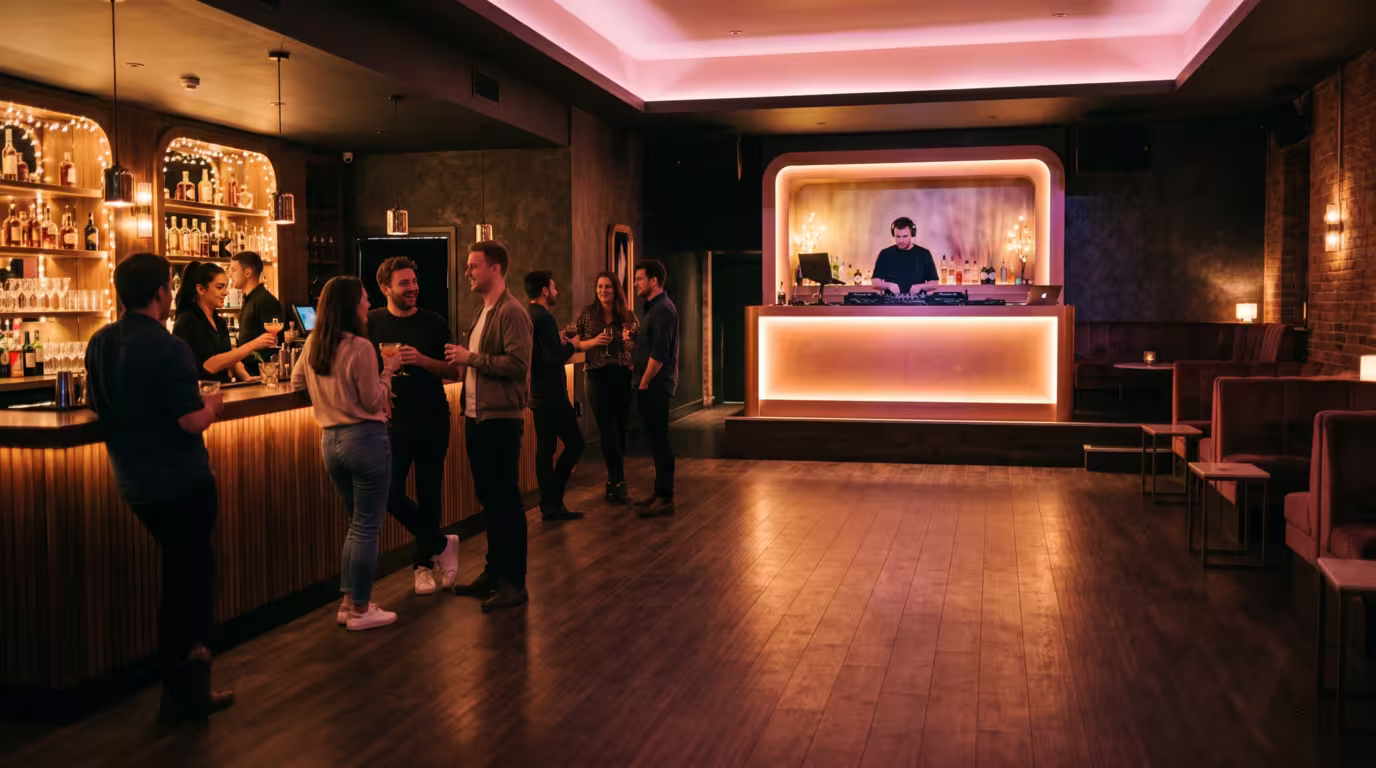 A near-empty club early in the evening with warm lighting and a relaxed crowd at the bar