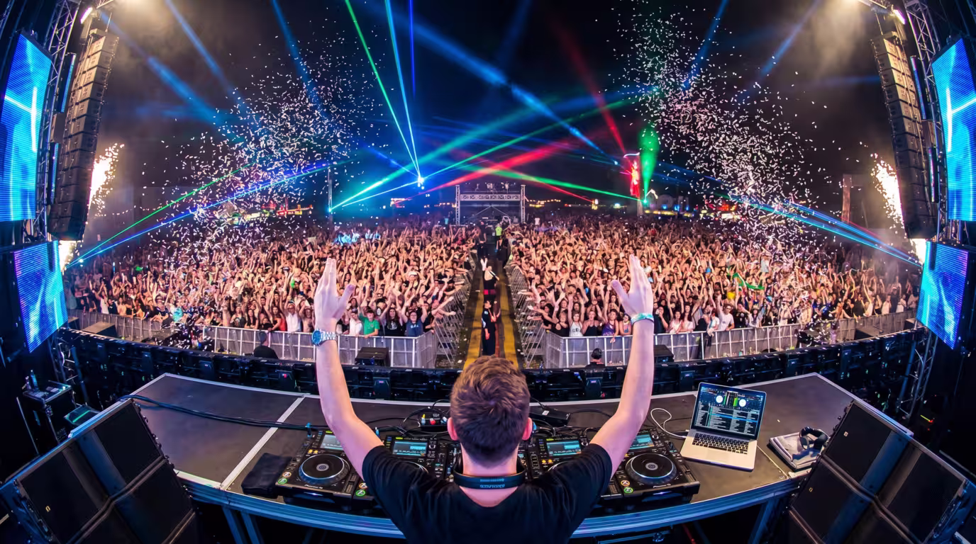 A DJ performing on a festival main stage in front of a large crowd