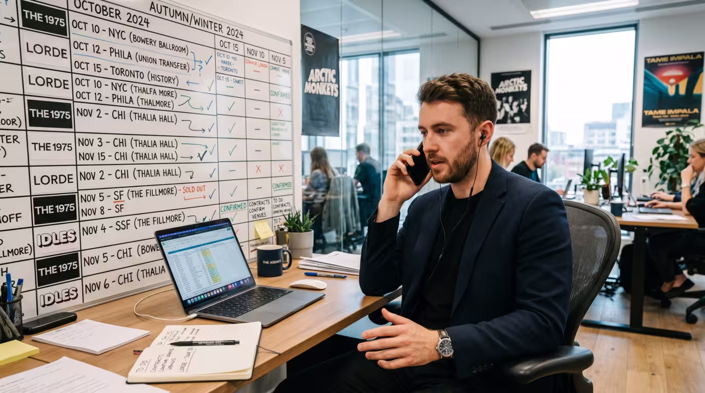 A booking agent at a desk on the phone with a tour calendar on the wall