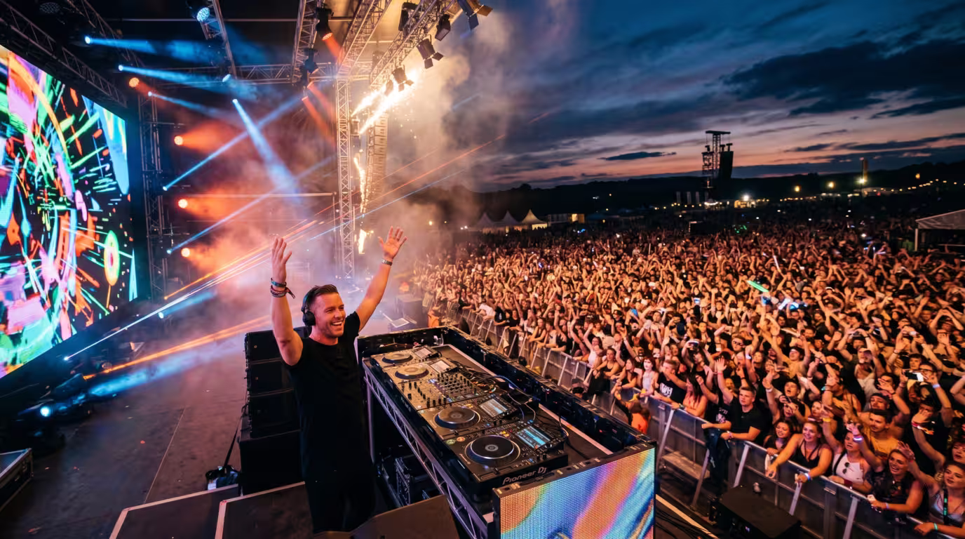 A DJ performing on a large festival stage to a big crowd
